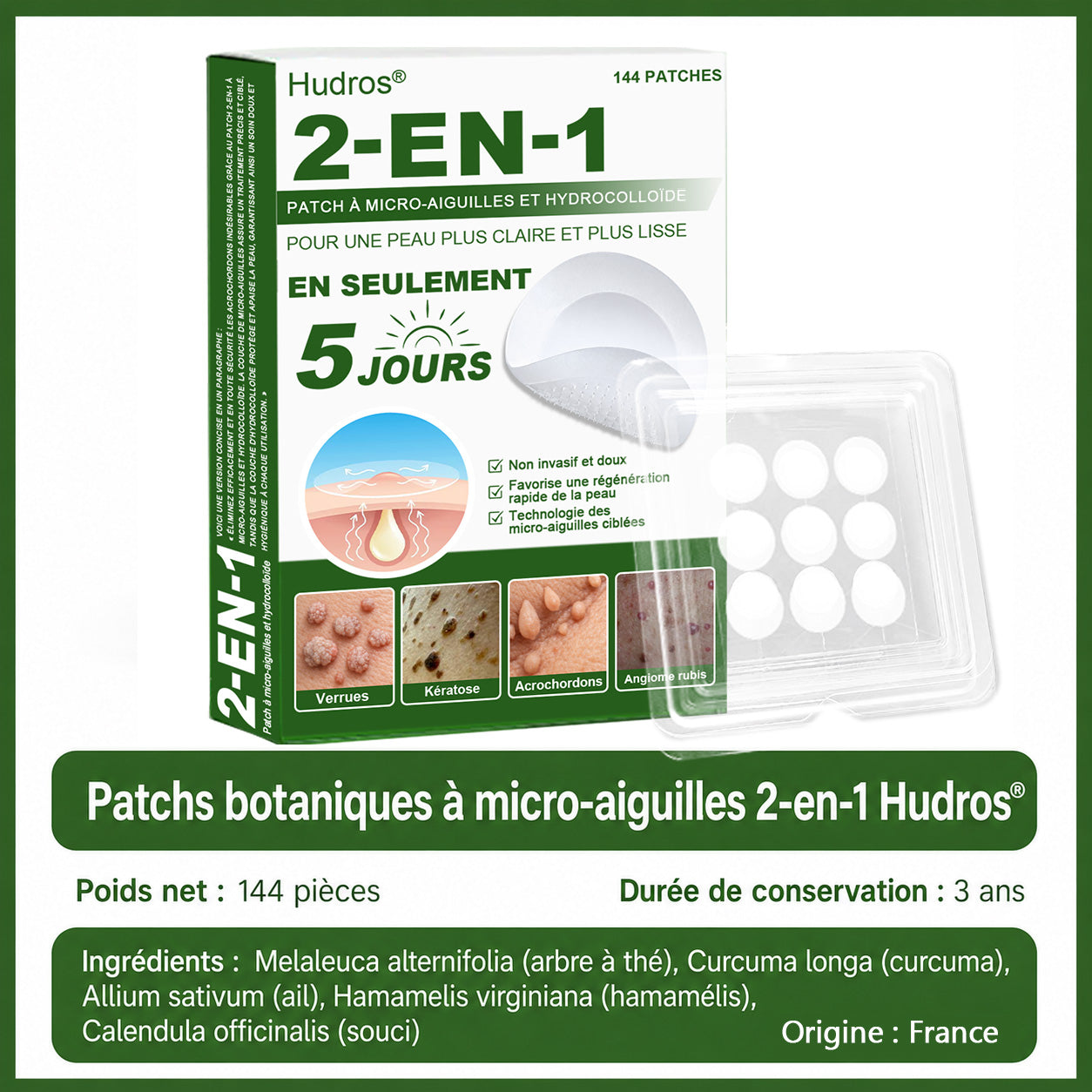 👩🏻‍⚕️Patchs hydrocolloïdes à micro-aiguilles 2 en 1 Hudros® | Élimine les grains de beauté en relief, l'acné, les verrues planes et les acrochordons | Patchs invisibles pour le visage et le corps | 144 patchs