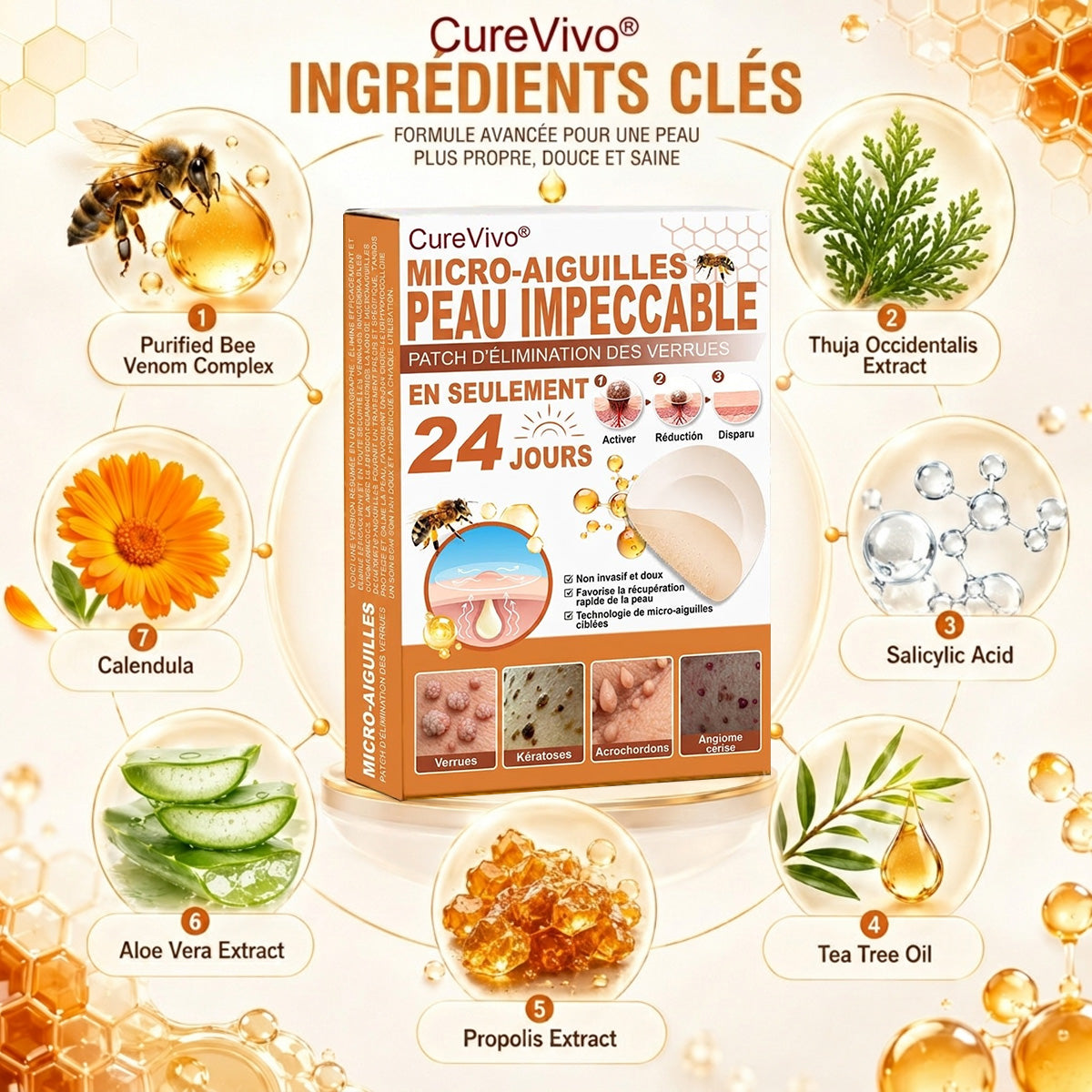 📣 Boutique officielle phare | CureVivo® 🐝 Patch à micro-aiguilles au venin d'abeille (pour les verrues, les taches de vieillesse et les imperfections)🐝
